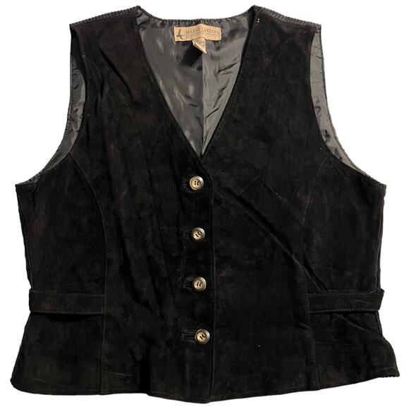 Marsh Landing Black Leather Vest Ribbed Cotton Back Button Front Size M Y2K 90s - Picture 8 of 10